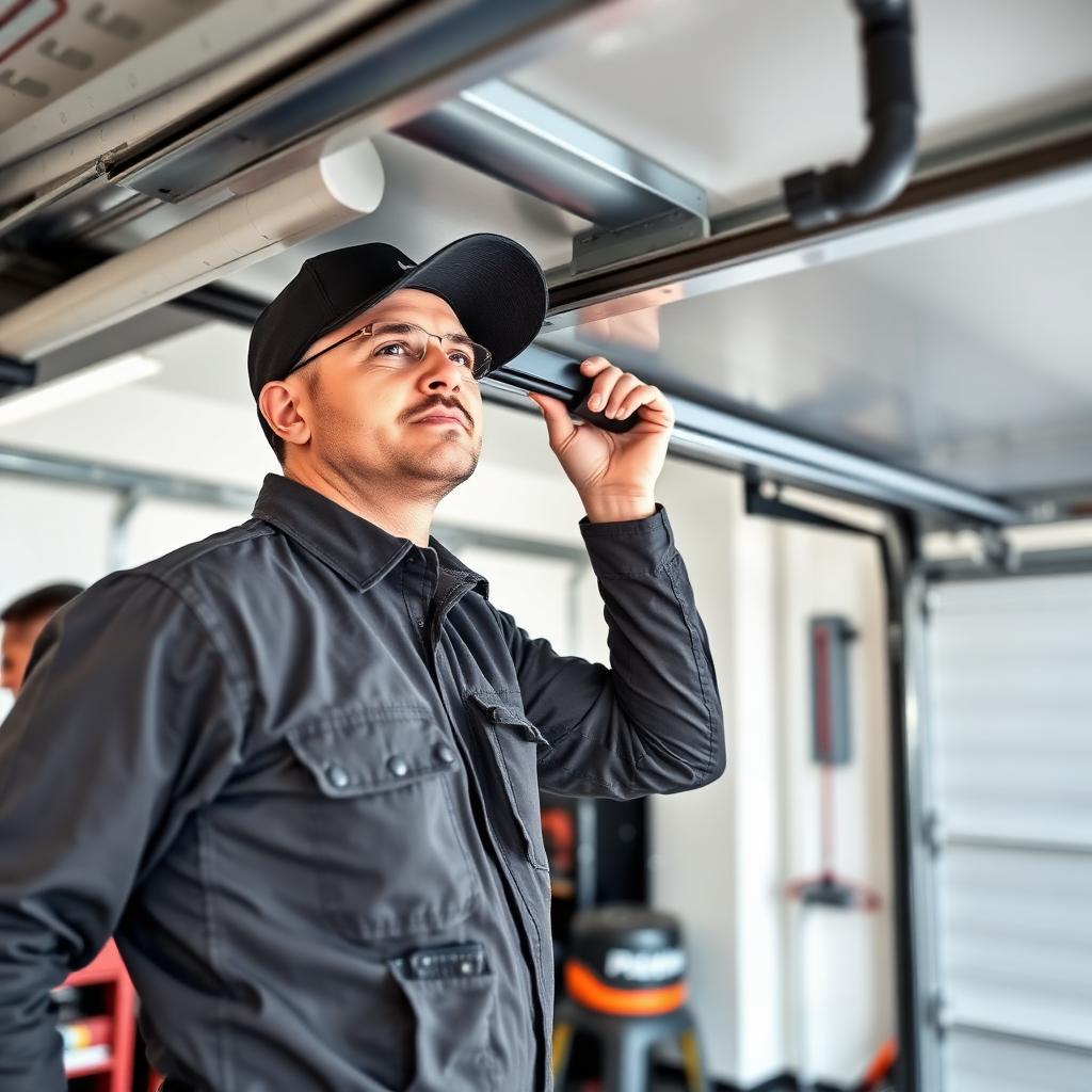 Professional garage door technician performing track alignment - Garage Door Mohler team member